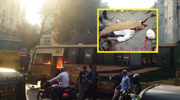 রামপুরা সড়কে ঝরলো মোটরসাইকেল আরোহী যুবকের প্রাণ, বাসে আগুন