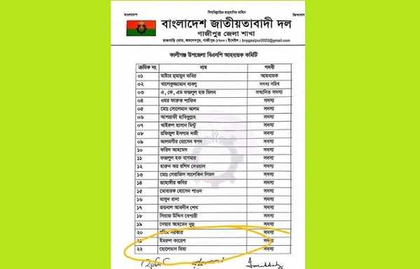 নবগঠিত কালীগঞ্জ উপজেলা বিএনপির আহ্বায়ক কমিটিঘোষণা